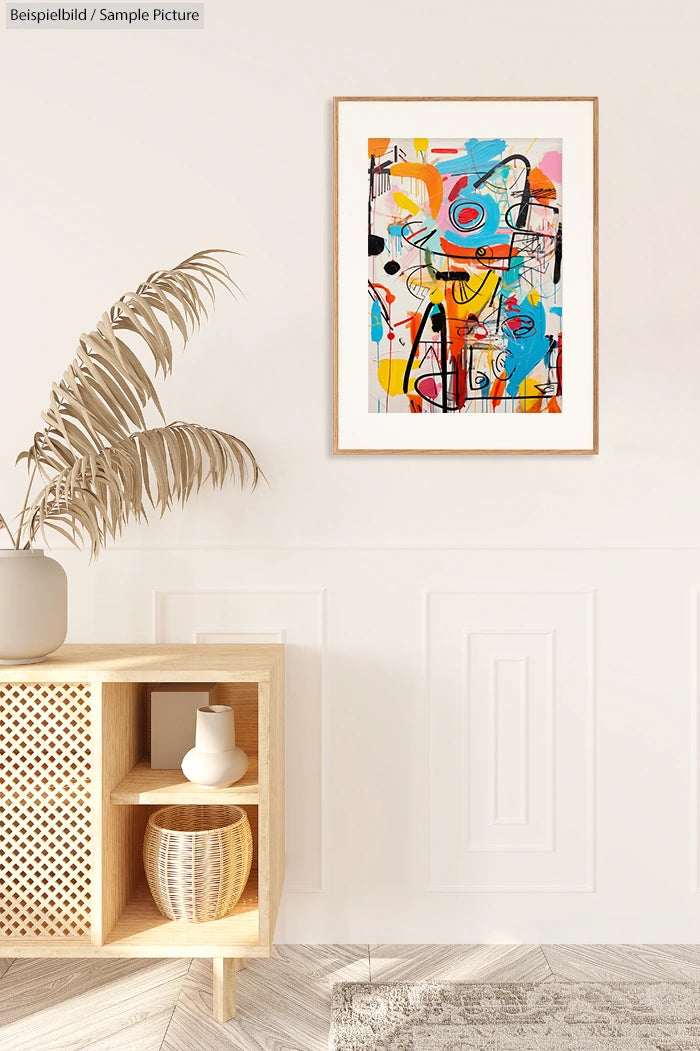 Abstract painting in wooden frame on white wall, next to a wooden cabinet with decor and a dried plant.