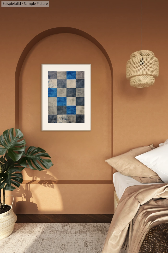 Bedroom with brown walls, abstract checkerboard art, plant, and woven light fixture.