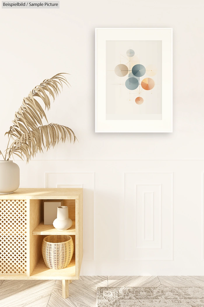 Modern living room with abstract art, wooden shelf, potted plant, and decorative vase on display.