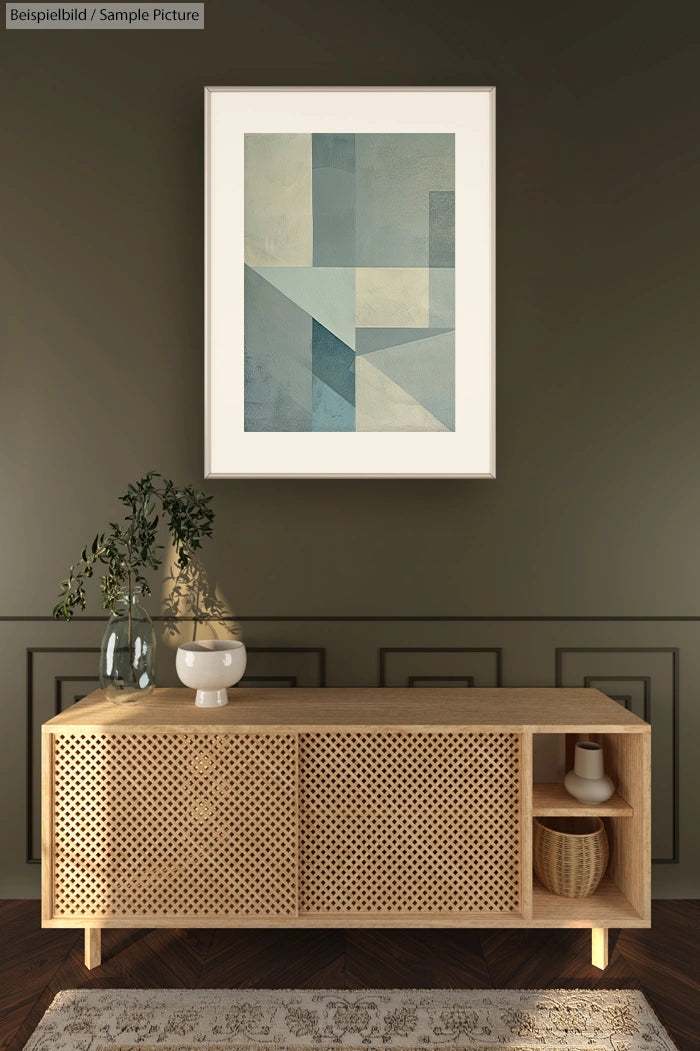 Decorative wooden cabinet with vase under geometric abstract painting in modern room.