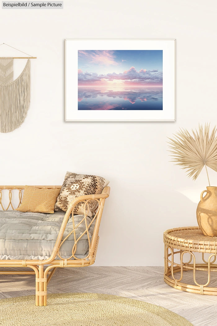 Beige room decor with wicker chair, round table, and framed ocean sunset photo on wall.