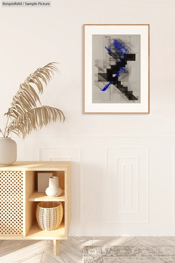 Minimalistic room with modern art on wall, wooden shelf, beige vase, and wicker basket on light wooden floor.