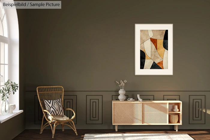 Stylish living room with a rattan chair, wooden sideboard, and abstract painting on a dark green wall.