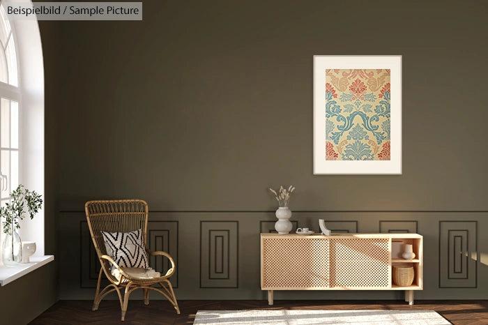 Stylish living room with patterned armchair, wooden cabinet, and colorful framed art on olive green wall.