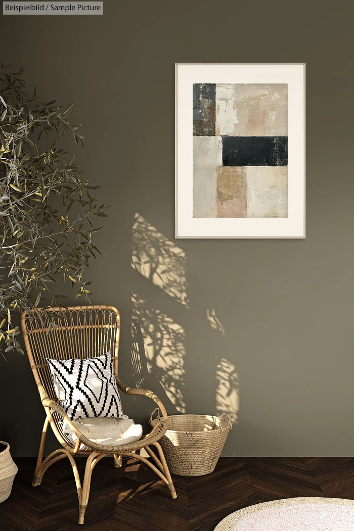 Wicker chair with pillow beside a plant, under a framed abstract painting on a green wall.