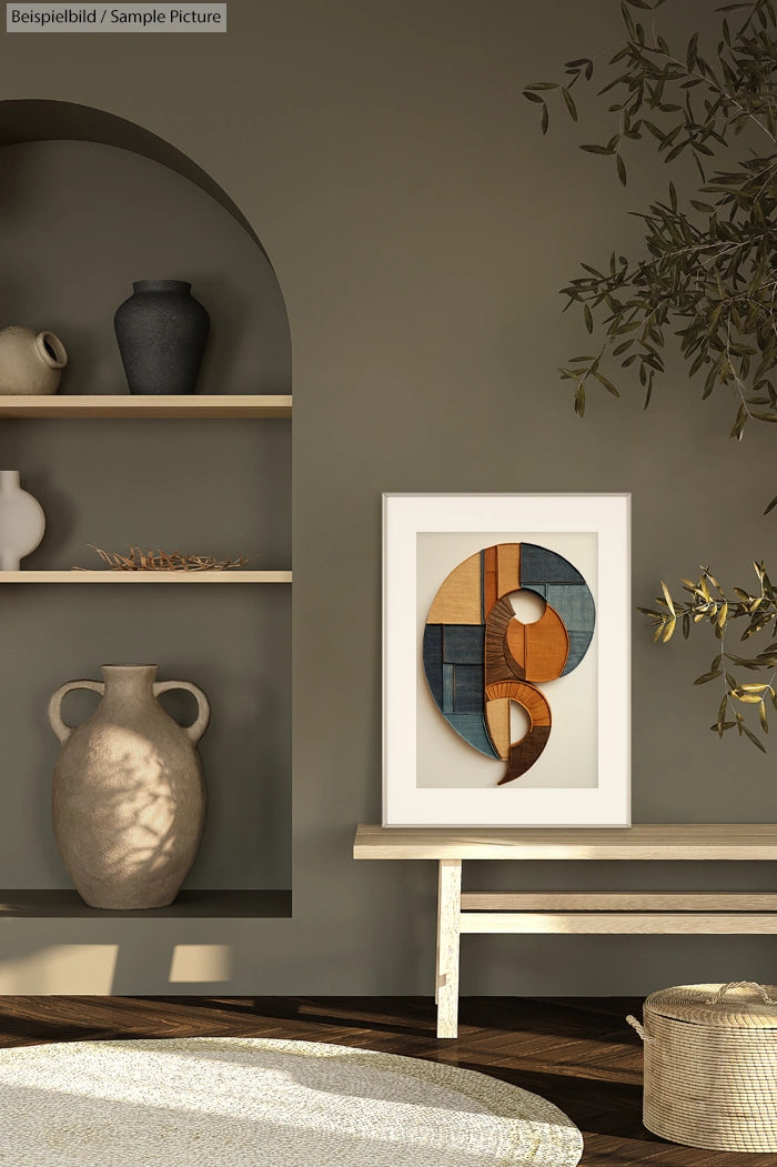 Modern interior with abstract art, clay pots on shelves, a wooden bench, and olive branch in muted, earthy tones.