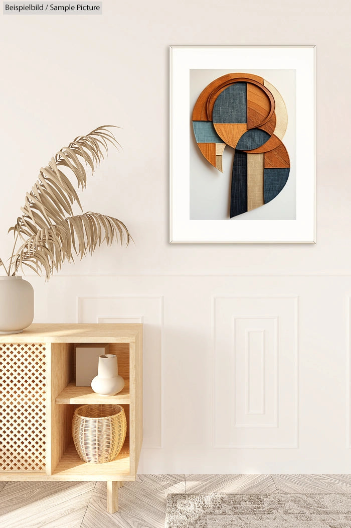 Modern abstract wall art with geometric shapes and wood textures in a minimalist living room with potted plant and decor.