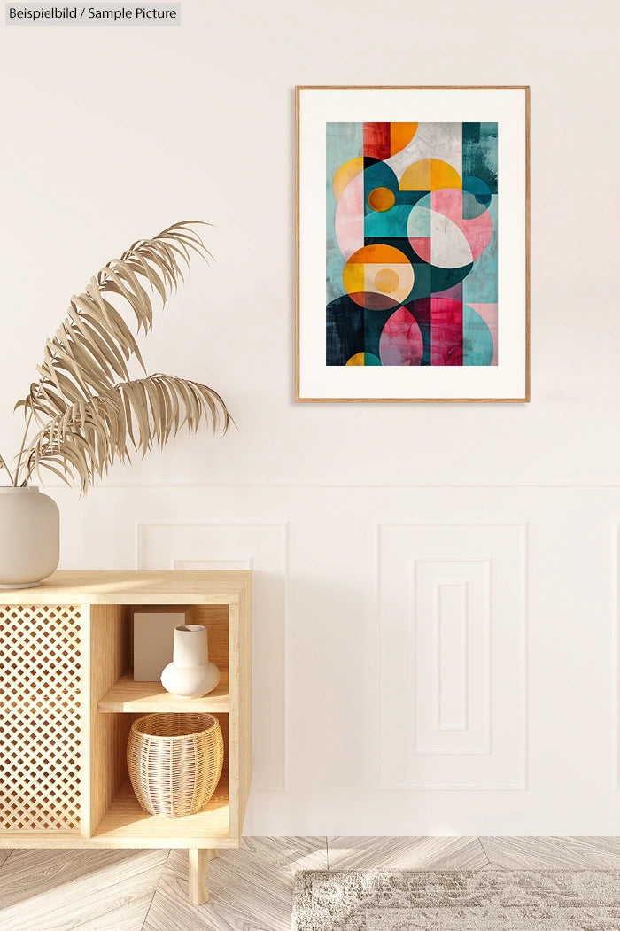 Abstract geometric artwork on a wall in a modern room with a wooden console and decorative items.