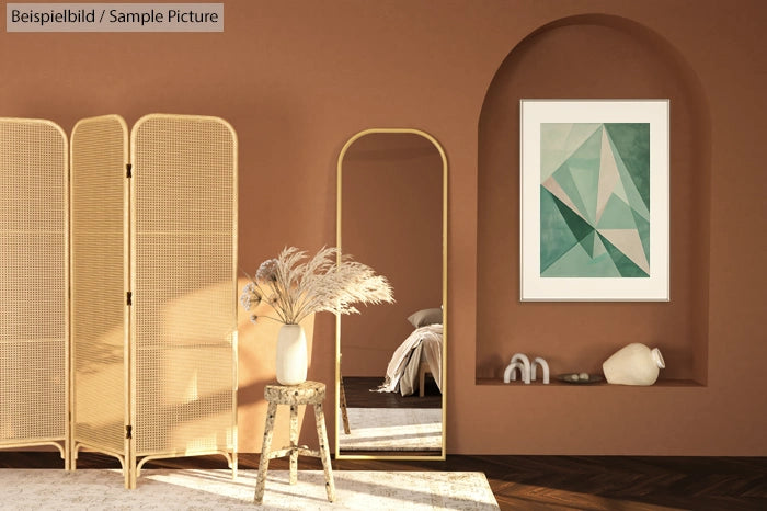 Modern interior with beige divider, tall mirror, abstract art, and decorative accents on a brown wall.