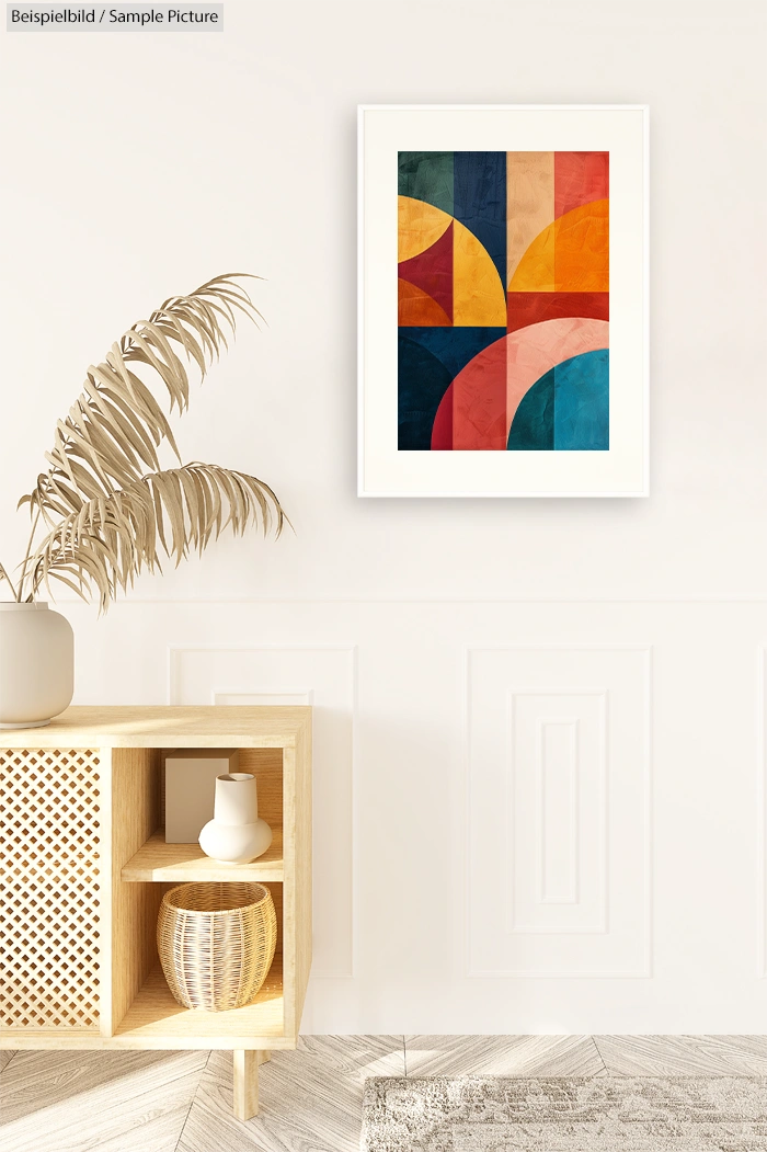 Modern living room with abstract geometric art in warm colors on white wall, wooden shelf with decor items.