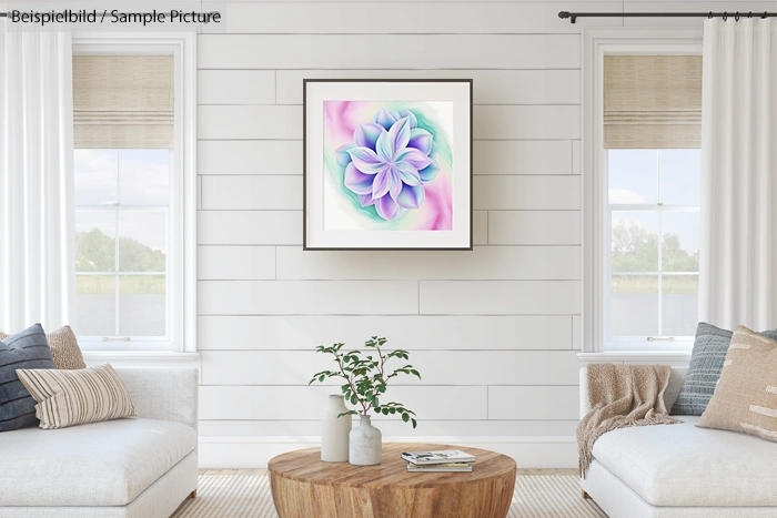 Modern living room with white walls, colorful abstract flower painting, two beige sofas, and a wooden coffee table.