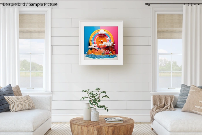 Modern living room with colorful artwork featuring a rainbow framed above a wooden coffee table.