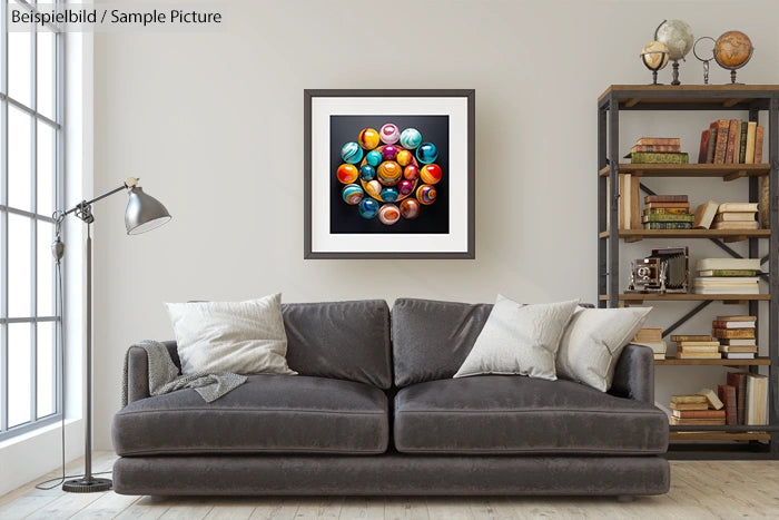 Modern living room with a gray sofa, colorful wall art, and a bookshelf with books and decorative items.