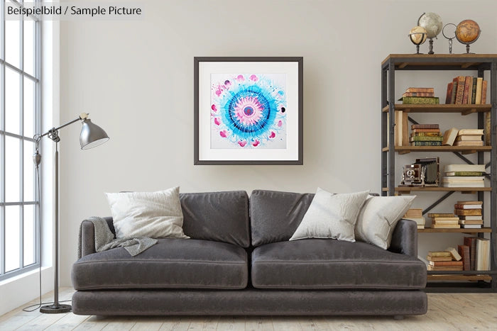 Modern living room with gray sofa, colorful abstract painting, and shelf with books and decor.