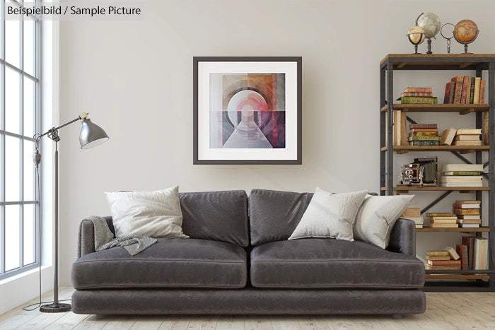 Modern living room with gray sofa, abstract painting, and bookshelf with globe and books.