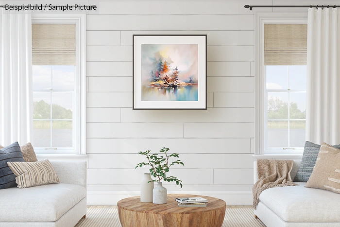 Minimalist living room with white walls, cozy seating, wooden table, and colorful abstract painting on the wall.