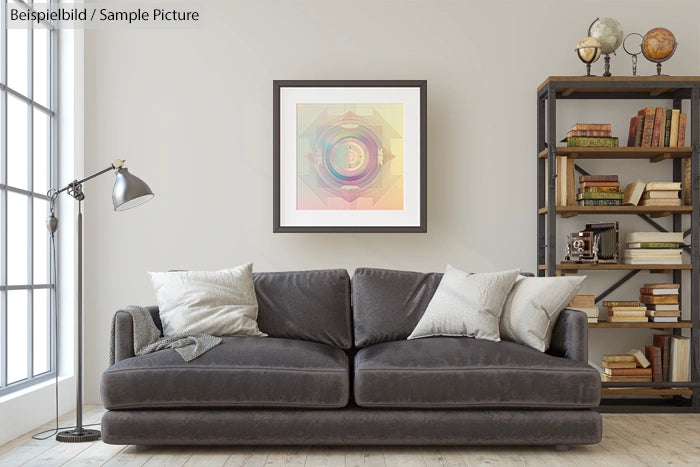 Modern living room with gray sofa, geometric artwork, and bookshelf with globe.