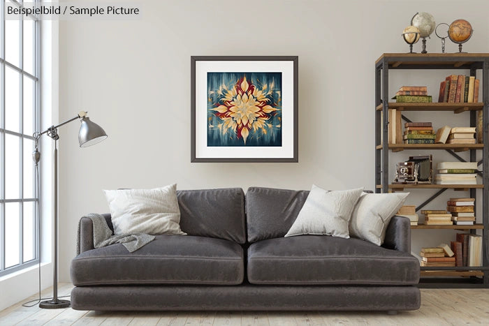 Modern living room with gray sofa, abstract art on wall, and a wooden bookshelf with books and decor items.