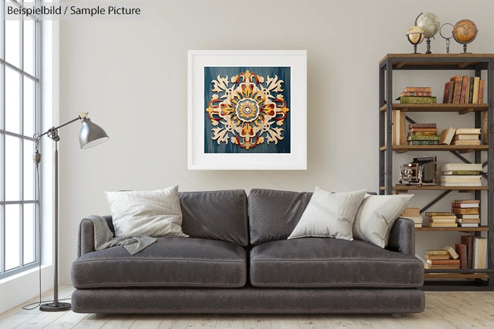 Modern living room with a grey sofa, decorative pillows, and a mandala artwork on the wall, bookcase in the background.