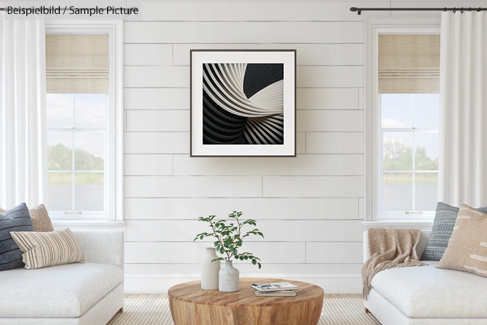 Modern living room with framed abstract black and white artwork, white walls, wooden table, and cozy seating.