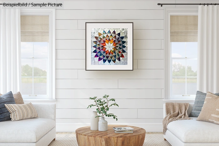 Modern living room with abstract geometric artwork on white paneled wall, wooden coffee table, and beige sofas.