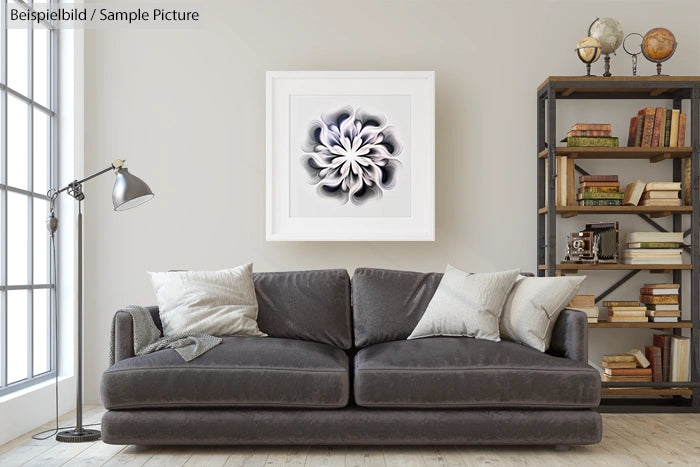 Cozy living room with gray sofa, decorative pillows, and flower artwork; bookshelf with books and decor.