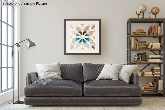 Modern living room with gray sofa, abstract artwork, and a shelf with books and decorative items.