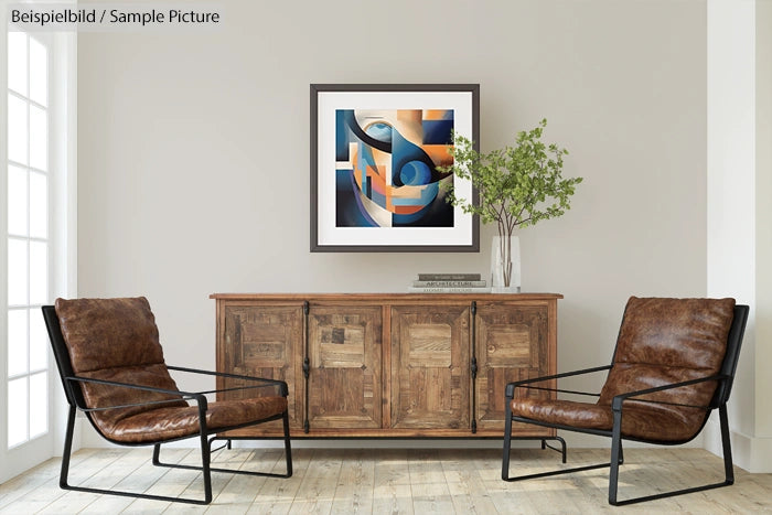 Modern living room with leather chairs, wooden cabinet, abstract artwork, and potted plant in a minimalist setting.