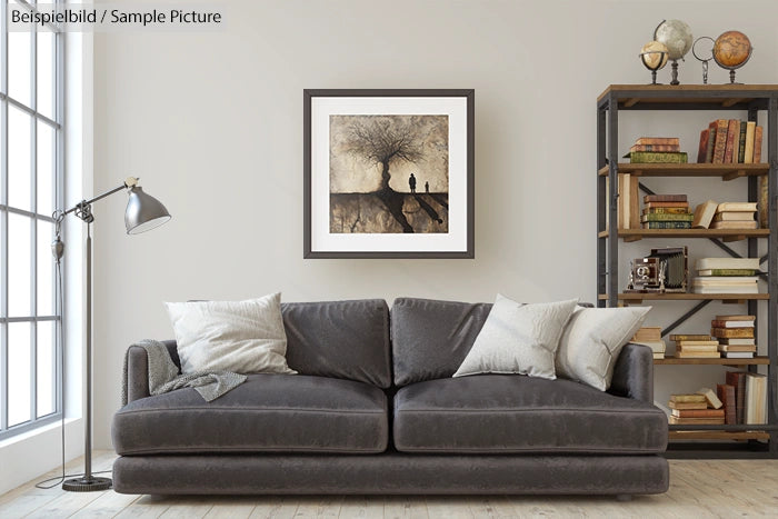 Modern living room with gray sofa, bookshelf, and framed art on wall.