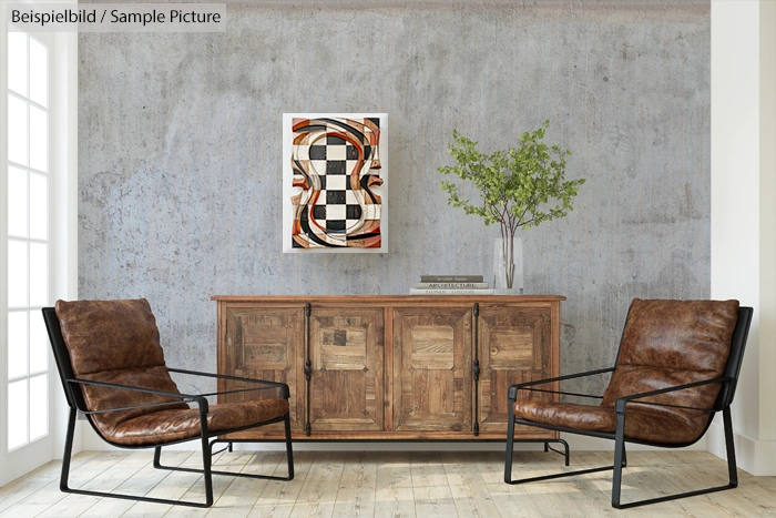 Modern living room with two brown leather armchairs, a wood sideboard, and abstract art on a textured wall.