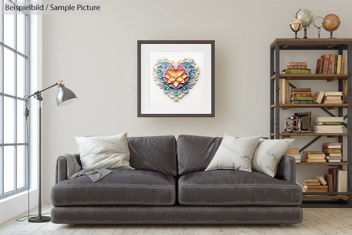 Modern living room with a gray sofa, framed heart artwork, and a bookshelf with books and globes.