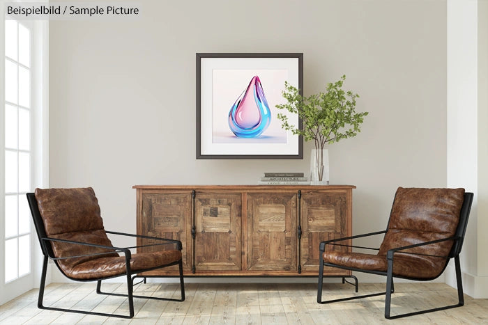 Living room with two leather chairs, wooden cabinet, abstract teardrop artwork, and a small potted plant.