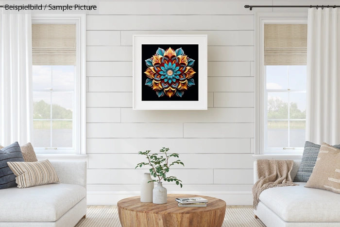 Modern living room with rustic decor, featuring mandala artwork on the wall between two windows.