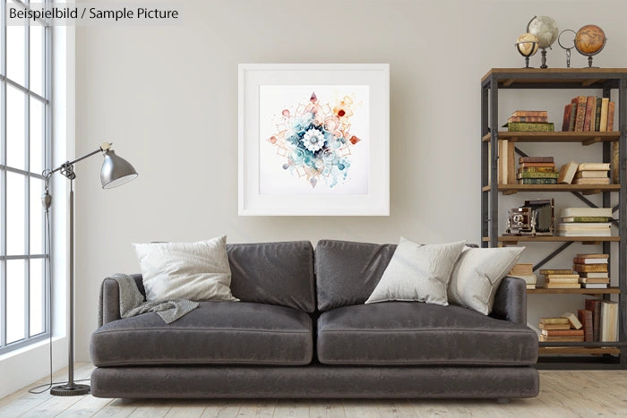 Modern living room with gray sofa, geometric artwork, and metal bookshelf with books.