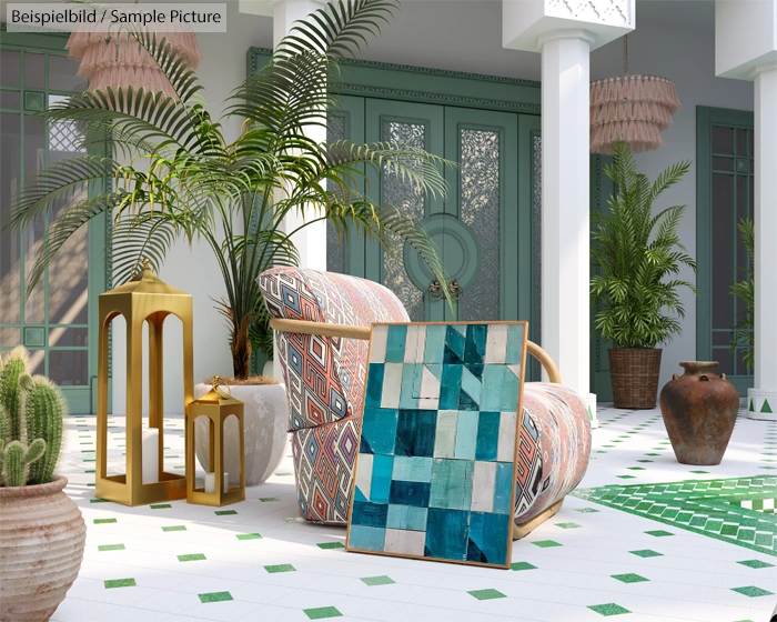 Stylish patio with patterned armchair, potted plants, lanterns, and mosaic art on white tiled floor.