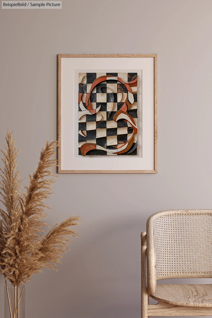 Modern abstract artwork with curved shapes and muted colors, framed on a beige wall near a wicker chair and pampas grass.