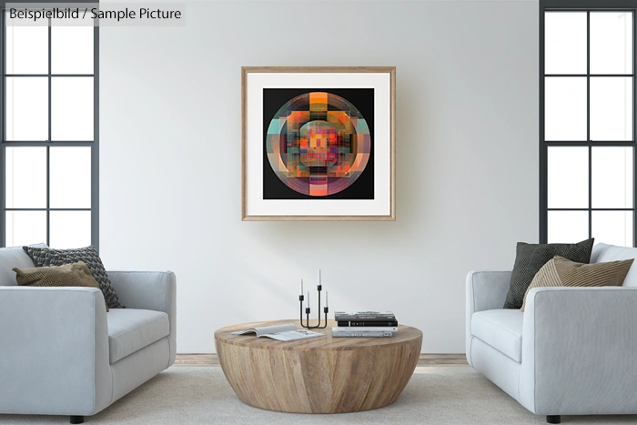 Contemporary living room with abstract circular artwork, modern furniture, and a round wooden coffee table.