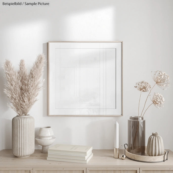 Minimalist white living room with pampas grass, framed art, candle, and decorative vases on a wooden shelf.