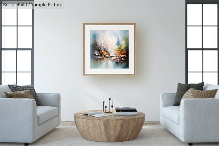 Modern living room with abstract landscape painting on wall, two sofas, and a round wooden coffee table.