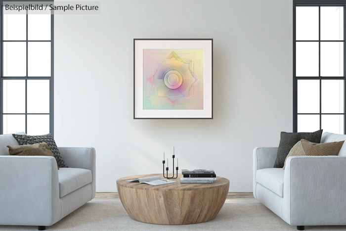 Modern living room with abstract geometric art on wall, two sofas, round wooden coffee table, and decorative pillows.