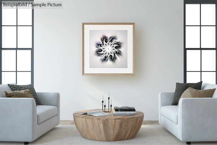 Minimalist living room with a floral abstract painting, round wood table, and two modern gray sofas.