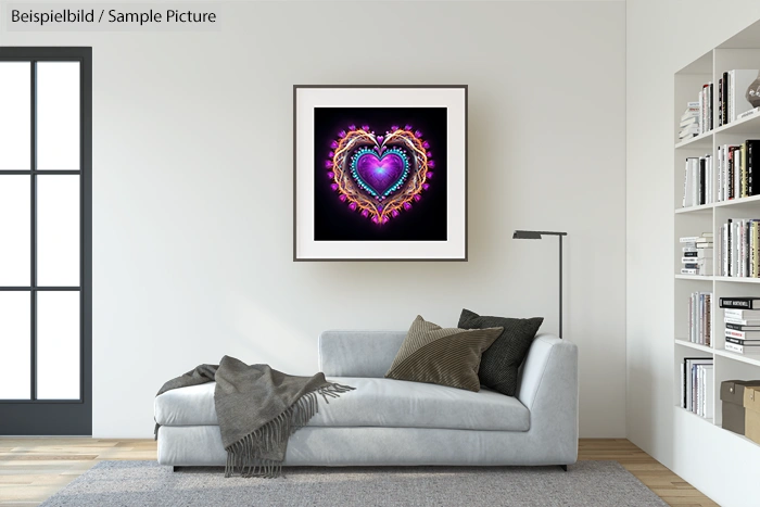 Modern living room with a light gray sofa, pillows, lamp, and framed picture of a glowing heart on the wall.