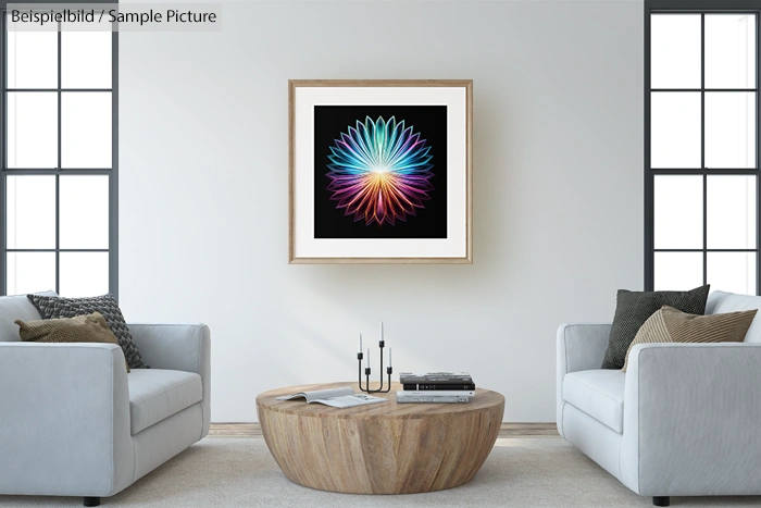 Modern living room with two gray sofas and a wooden coffee table. Colorful abstract artwork on the white wall.