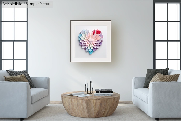 Modern living room with a framed 3D heart art piece on the wall, flanked by two gray sofas and a wooden coffee table.