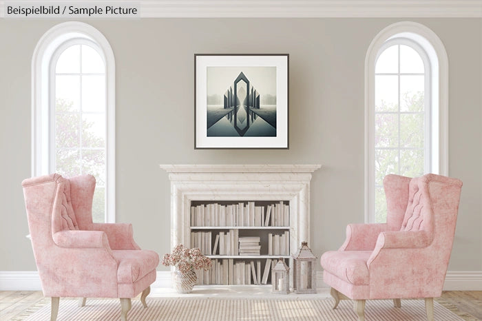 Elegant living room with pink armchairs, white fireplace, and framed artwork between two arched windows.