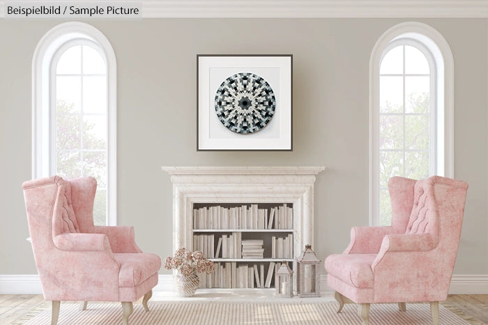 Elegant living room with two pink armchairs, a fireplace with books, and a framed abstract artwork on a grey wall.