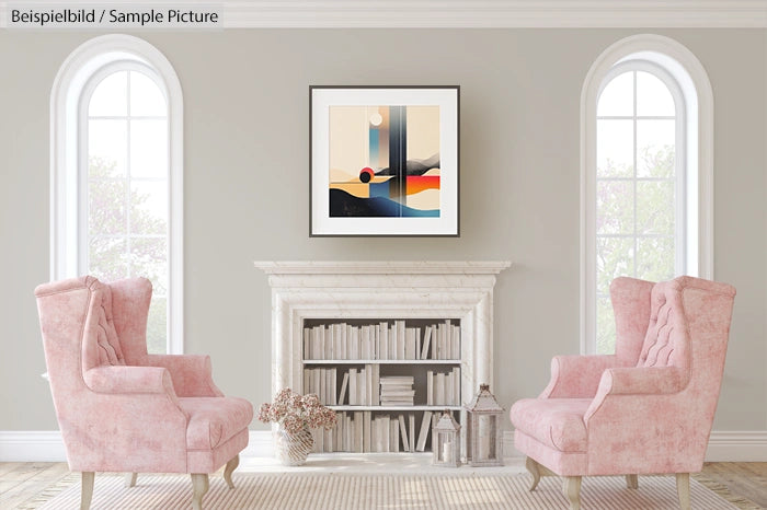 Elegant living room with pink armchairs, abstract art on wall, and bookshelves below a white fireplace.