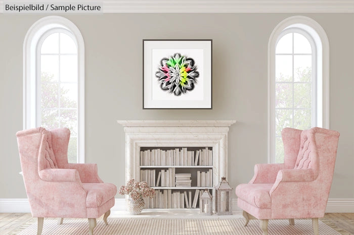 Elegant living room with pink armchairs, framed abstract art above fireplace, and built-in bookshelves.