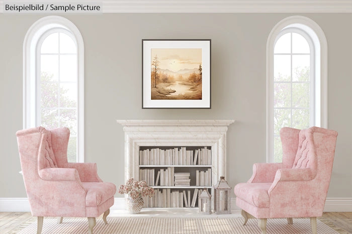 Elegant living room with pink armchairs, a fireplace, and a landscape painting on a light grey wall.