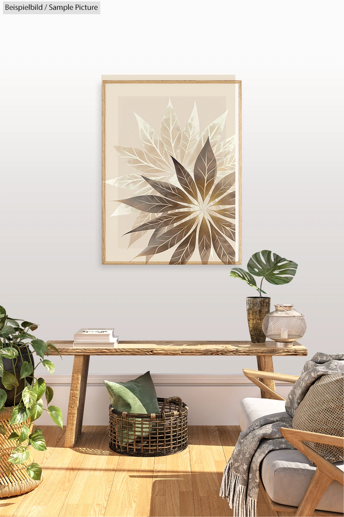 Cozy living room corner with wooden bench and plants, featuring a framed abstract leaf art on the wall.